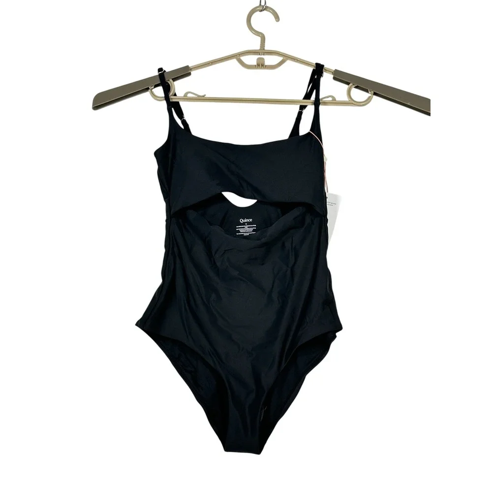NWT Quince Womens Italian Cut Out One Piece Swimsuit Medium Sustainable Black